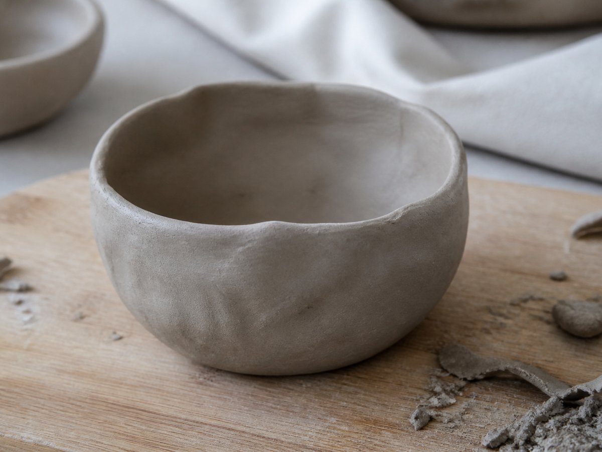 Clay pinch pot on a wooden board