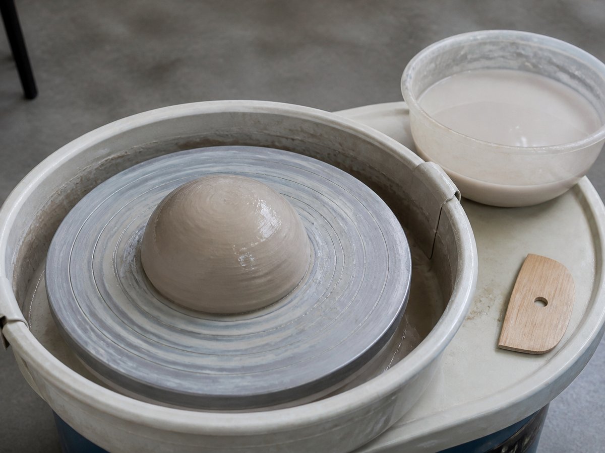 Pottery wheel with wet clay mound