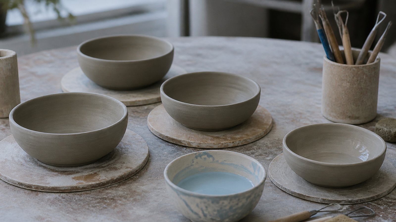 Ceramic studio table with clay bowls and tools
